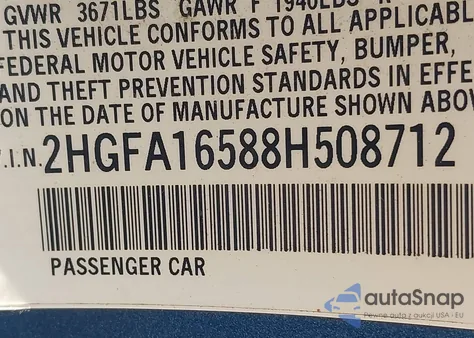 2008 Honda Civic Lx из США, поврежденный, VIN 2HGFA16588H508712